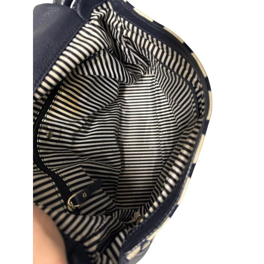 Kate‎ Spade Leather & Canvas Navy Blue And Cream White Polka Dot Shoulder Bag